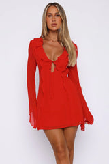 Ruffled Tie Deep V Chiffon mini Dress in red