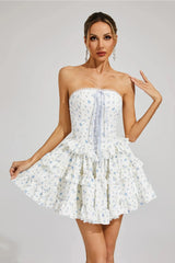 martha Ruffle printed strapless Mini Dress in blue