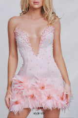 Tube Top deep V-neck pearl bodycon mini dress in pink