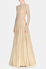 anila Beige mesh long sleeve slim maxi dress