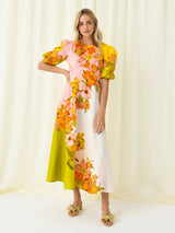 linda puff sleeve floral print maxi dress in yellow