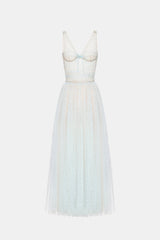 monica blue draped tulle fishbone maxi dress