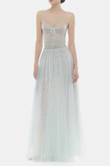 monica blue draped tulle fishbone maxi dress