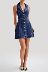 eartha Collared Denim Mini Dress - Dark Blue