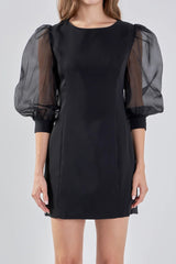 victoria organza puff sleeves mini dress in black