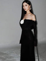 lila flower embellished pleated strapless maxi dress in black