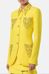 anila Studded Wool Fitted Single-Breasted Blazer in yellow