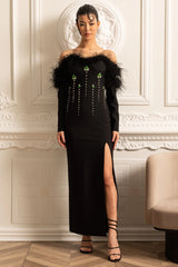 lara sequin high slit Feather Adorned maxi Dress - Black