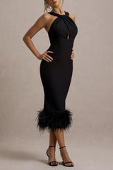 jenny Black Twist-Neck Feather Hem Midi Dress