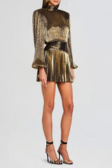 nancy High-necked lantern sleeve pleated mini dress in gold