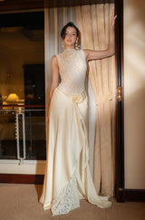 giselle flower embellished sleeveless lace maxi dress  in white