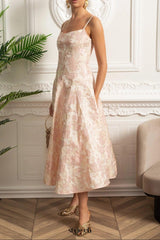 lauren Jacquard Midi Dress with Floral Motif - Blush Pink