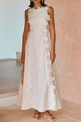 lace trim embroidery hollow midi dress in white