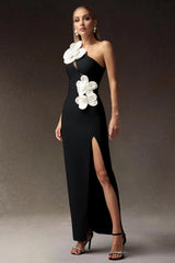 black heloise Flowers Slit One Shoulder Bandage Maxi Dress