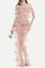 eudora floral inspired ruffle layer tulle gown in nude