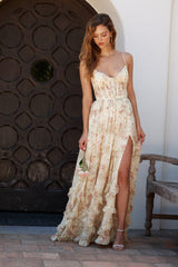 mignon floral print ruffle layer high slit corset maxi dress