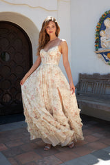 mignon floral print ruffle layer high slit corset maxi dress