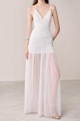 belen Drop Waist Spaghetti Strap Organza Maxi Dress in white