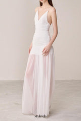 belen Drop Waist Spaghetti Strap Organza Maxi Dress in white