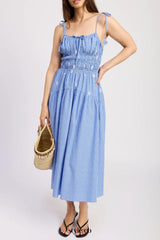 simona Embroidered stripes midi dress in blue