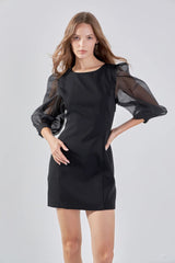victoria organza puff sleeves mini dress in black