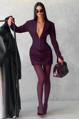 amelia v-neck ruched Blazer Mini Dress in Wine Red