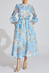 tiffany pale blue floral Printed puff sleeve Maxi Dress