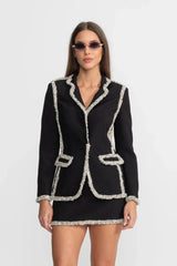 june Tweed Trim Blazer Matching Mini Skirt set - Black