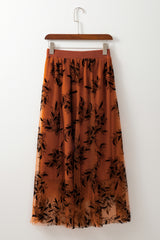 Apricot Floral Leaves Embroidered High Waist Maxi Skirt