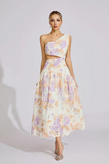 kimberley Yellow One-Shoulder floral print cutout Maxi Dress