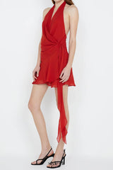 Halter backless V-neck sleeveless lace-up mini dress in red