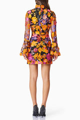 multi orange Flower embroidered long sleeves mini dress