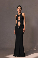 Crystal Embellished Cutout Maxi Dress in black