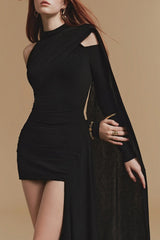 black Off-shoulder bodycon Mini Dress with Cape