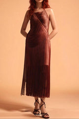 nicola pleated halter fringe maxi dress in brown