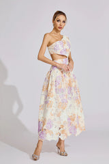 kimberley Yellow One-Shoulder floral print cutout Maxi Dress