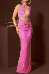 claire crystal Embellished Cutout Maxi Dress in rose red