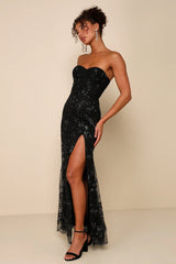 Sequin print Strapless Bustier Maxi Dress in black
