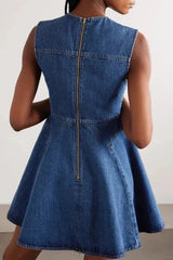 sleeveless flower button denim mini dress in blue