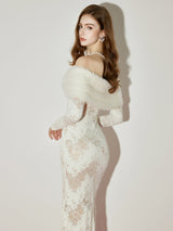julia Off-Shoulder Fur Collar Long Sleeve lace maxi dress in white