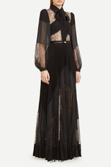 simona lace splice Pleated maxi Dress in black