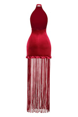 michaelia halterneck Fringe Velvet Dress in Burgundy