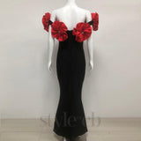 red flower embellished strapless Bandage maxi dress