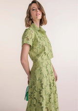 guipure mesh midi skirt cropped set in green