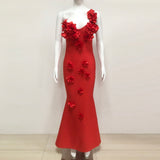 candice one-shoulder flower bodycon maxi dress in red