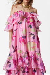 hedwig off-shoulder floral printed ruffle maxi dress in rose red