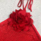 ursula 3d flower sequin halter maxi dress in red