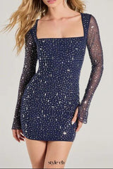 amanda navy Long Sleeve Rhinestone Mesh Mini Dress