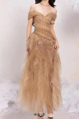 tulle tube top with rippling pattern maxi dress in Khaki