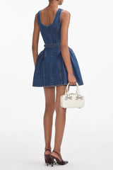 Flared Denim Mini Dress in blue